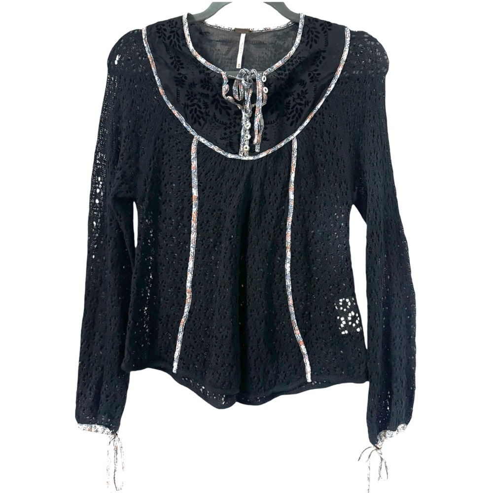 Free People Womens Crochet Top XS Black Contrasting‎ Trim Babydoll Whimsigoth